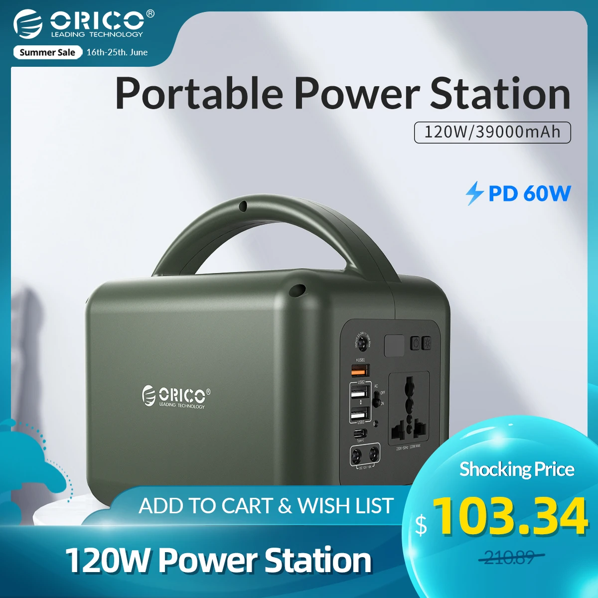 ORICO портативная электростанция PD зарядка 220 в 120 Вт резервная батарея AC Розетка