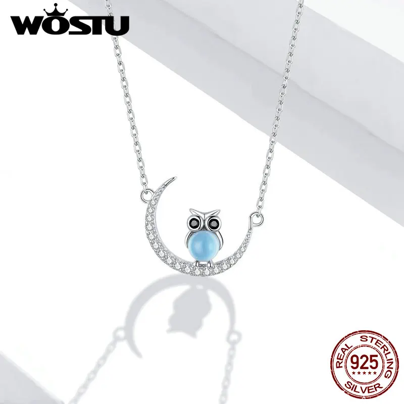 WOSTU 925 стерлингового серебра Луна и Сова ожерелье животная стеклянная длинные