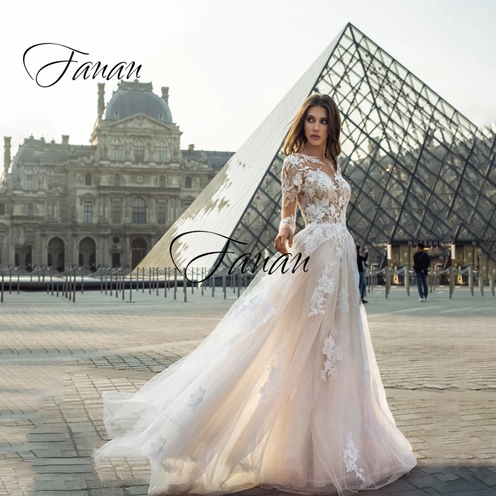 O-Neck Long Sleeve Sexy Wedding Dresses See-Through A-Line Lace Appliques Crystal Tulle Bridal Gown robe de soirée de mariage boat neck lace appliques wedding dress see through a line long sleeve beading tulle bridal gown robe de soirée de mariage платье