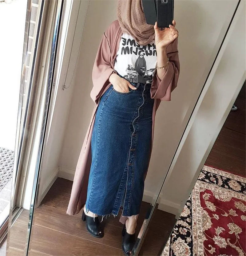 

Woman Skirts Fasion Y2k Gothic High Waist Plus Size Jean Skirts Harajuku Dubai Arab Muslim Long Denim Women's Skirts Faldas 2021