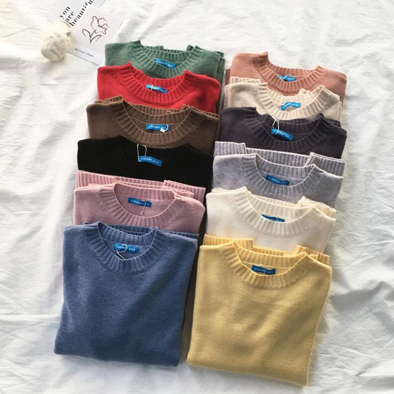 

12 colors O-neck Women Sweater 2020 Autumn Winter New Solid Loose knitted sweater pullovers Casual long sleeve jumper Tops
