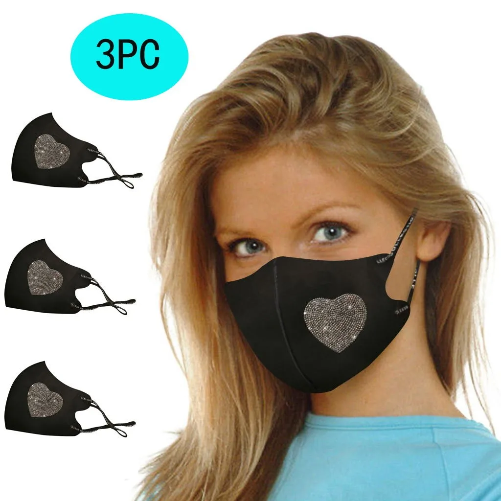 Маска для лица с рисунком из страз для женщин и девочек, 3 штуки, черная, моющаяся, защищает от ветра и может быть использована многократно.