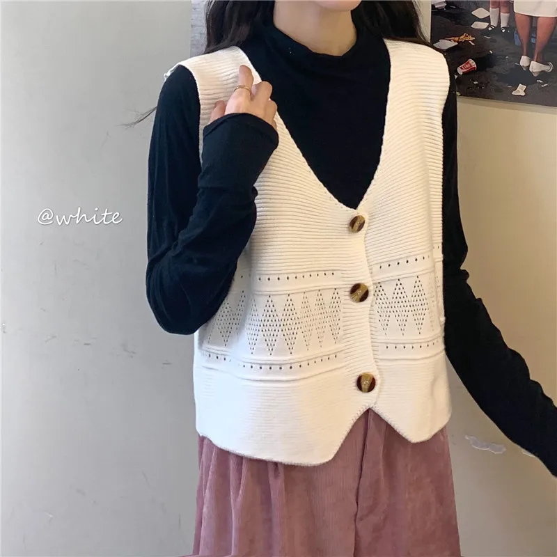 

Vest Women All-match V-neck Loose Knitted Sleeveless Sweaters Leisure Solid Simple Elegant Open-stitch Female Korean Fashion New