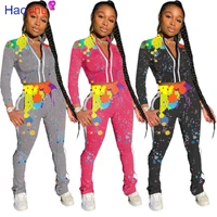 haoohu activewear splash ink print womens set track jacket jogger pant set sporty tracksuit fitness two piece set outfits