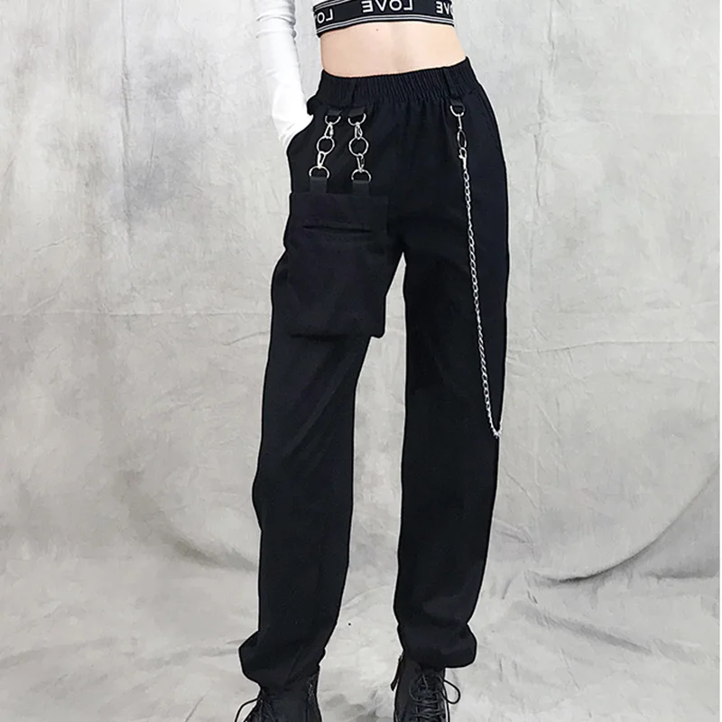 

2020 Spring Long Chain Cargo Pants Women High Waist Loose Streetwear Harem Pants Baggy Trousers Hip Hop Joggers Warm Sweatpants