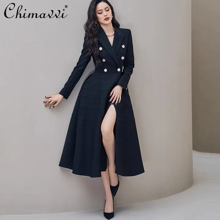 

2021 Autumn Clothes Fashion Long Sleeve Black Suit Collar Long Sleeve Trench Coat High Waist Slimming Elegant Long Trench