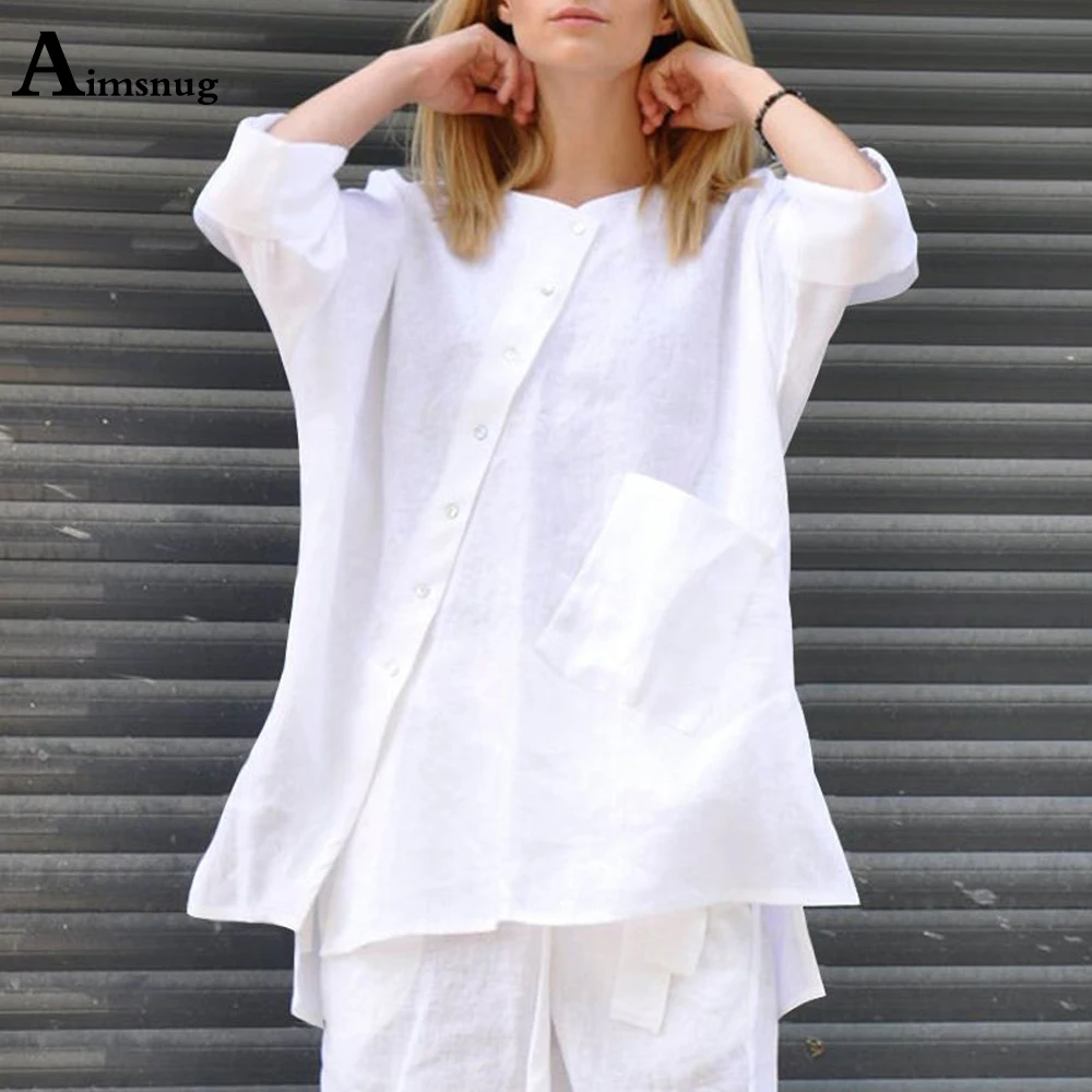 

Plus Size 3xl Women Casual Linen Shirt Long Sleeve Blouse Fashion Irregular Button Tops 2021 Autumn Loose Shirt Femme Clothing