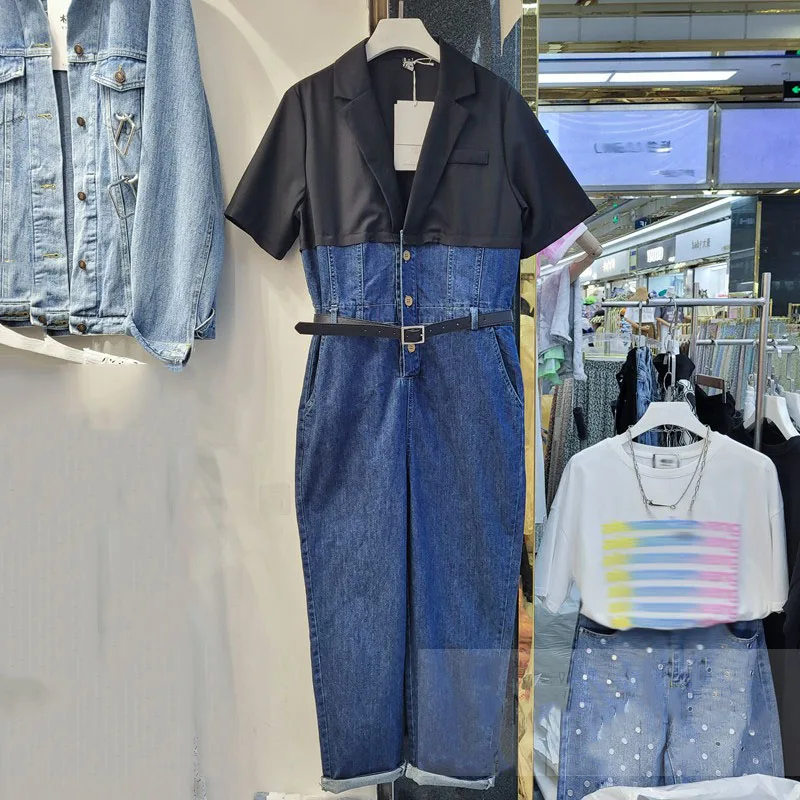 

SeeBeautiful Contrast Color Stitching Loose Jumpsuits Notched Short Sleeve Button Belt Spring Summer 2021 New Fashion E485