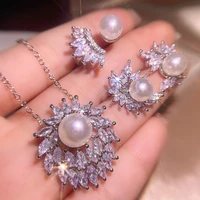 new trend silver plate high end zircon freshwater pearl shell beads pendant earrings necklace open ring womens jewelry set