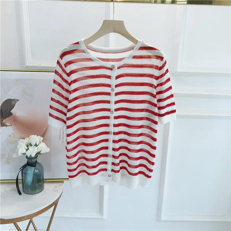 

UVRCOS Korean Women's Summer New Fresh Striped Knitwear Round Neck Short Sleeve Tianshuang Linen Top