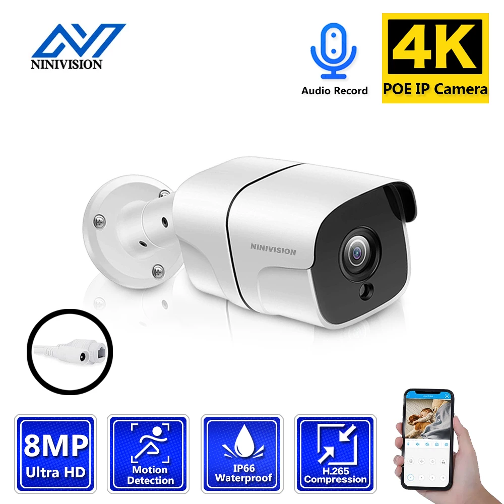 

NINIVISION 4K 8MP POE IP Camera H.265 Bullet Metal Waterproof Audio CCTV Camera Motion Detection Home Security Surveillance