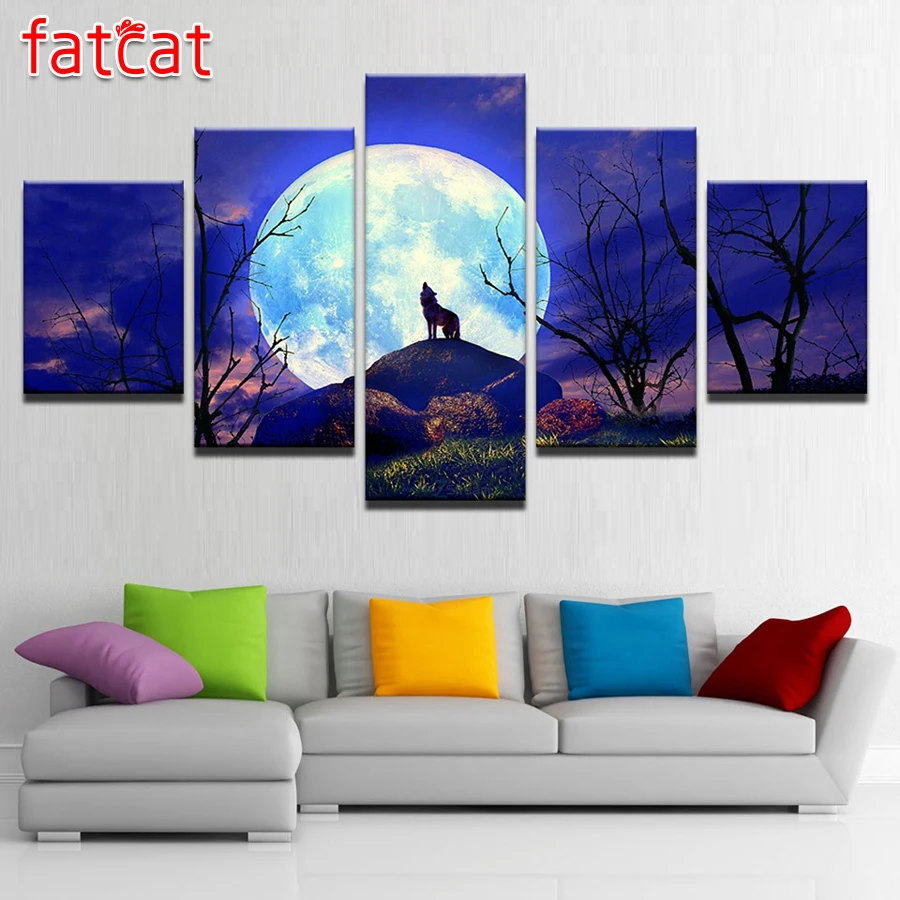 

FATCAT Diy Diamond Painting 5 Piece Moon Night Forest Animal Wolf full Square Round Diamond Embroidery Sale Art Decor AE774