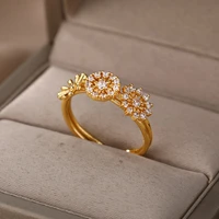 zircon flower open rings for women stainless steel color geometric flower ring fashion christams party jewelry gift 2021