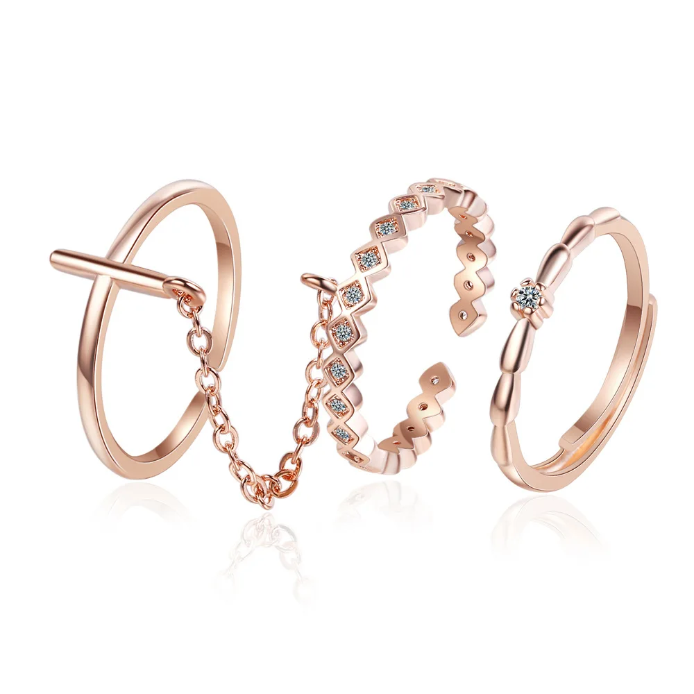 

WANGAIYAO cross tail ring rose gold plated three-piece chain ring simple fine inlaid zircon ring female