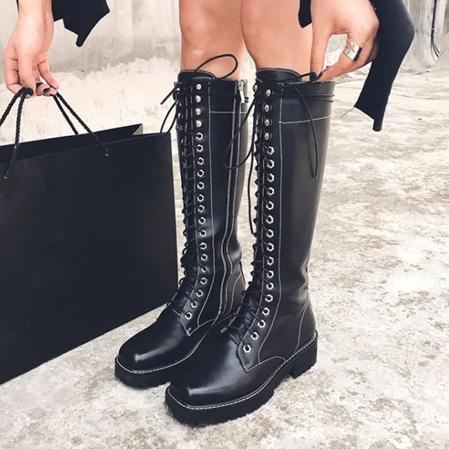 PXELENA NEW Women Motorcycle Boots Square Toe Genuine Leather Chunky Heel Punk Goth Riding Knight Lady Shoes Autumn Winter | Обувь