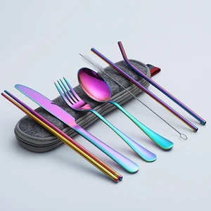 8pcs Premium Cutlery Travel Portable Set 304 Stainless Steel Western Tableware Travel Set Box Knives, Fork, Spoon, Metal Straw