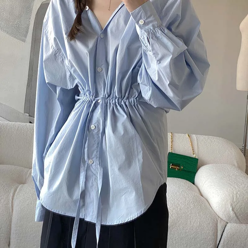 

HXJJP 2021 Autumn New Solid Color Loose Shirts Women's Korean Casual Fashion Waist Closing Long Sleeve Cardigan Tops 7207