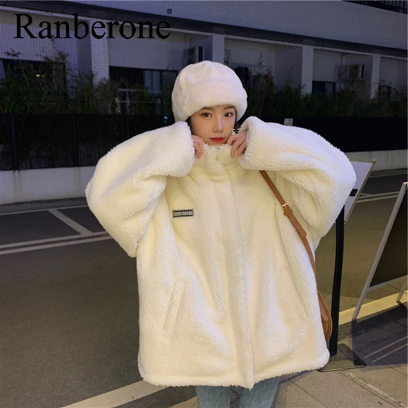 Ranberone Fashion Lamb Wool Autumn Winter Coat Women Jacket Oversized Warm Outerwear Female White Loose Tracksuit Women