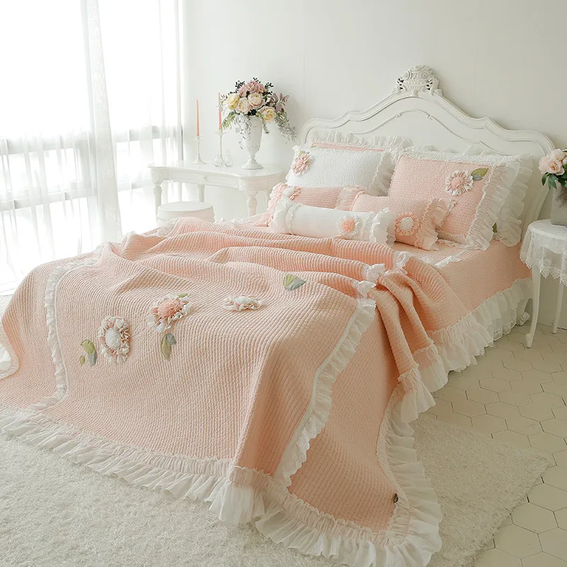 

Корейское стеганое одеяло принцессы из чистого хлопка с вышивкой розовое лоскутное одеяло edredon полный Королевский размер 3 шт. покрывало дл...