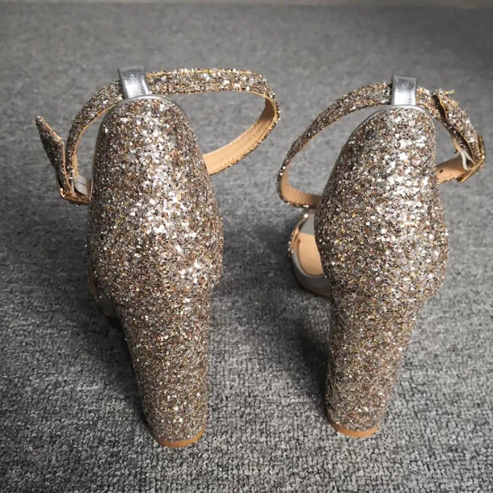 

ASHIOFU New Arrival Women Block Heel Sandals Glitter Buckle Strap Summer Shoes Open-toe Sexy Party Prom Evening Fashion Sandals