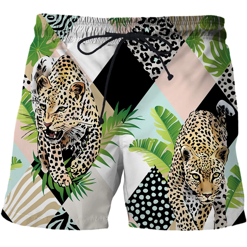 2021 New Jungle Leopard Print Beach Shorts Men Summer Cool Running Sports Pants Breathable Fashion Cartoon Surfing Shorts Male