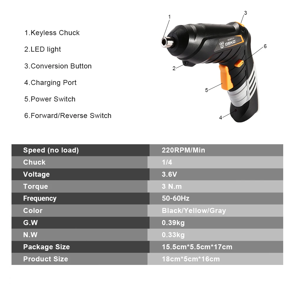 DEKO DKCS3.6O1 S1/S2/S3 электрическая Беспроводная отвертка БЕСКЛЮЧЕВОЙ патрон зарядный