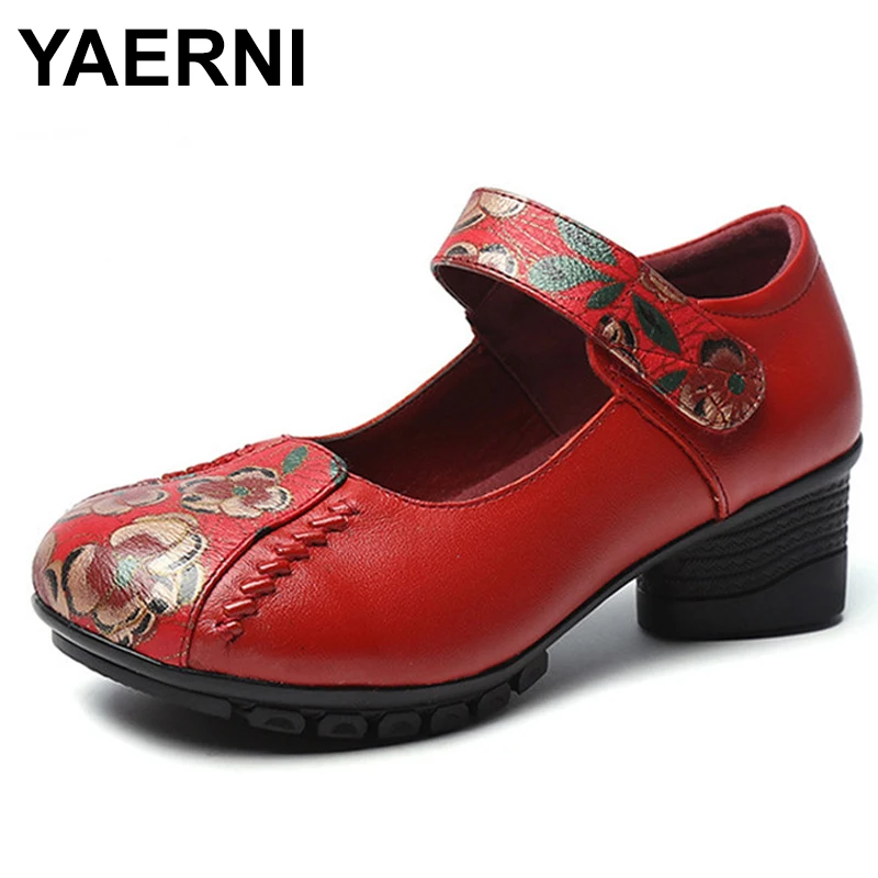 

Туфли-лодочки YAERNI2020 женские в национальном стиле, натуральная кожа, с круглым носком, цветочным принтом, на массивном каблуке, весна-осень