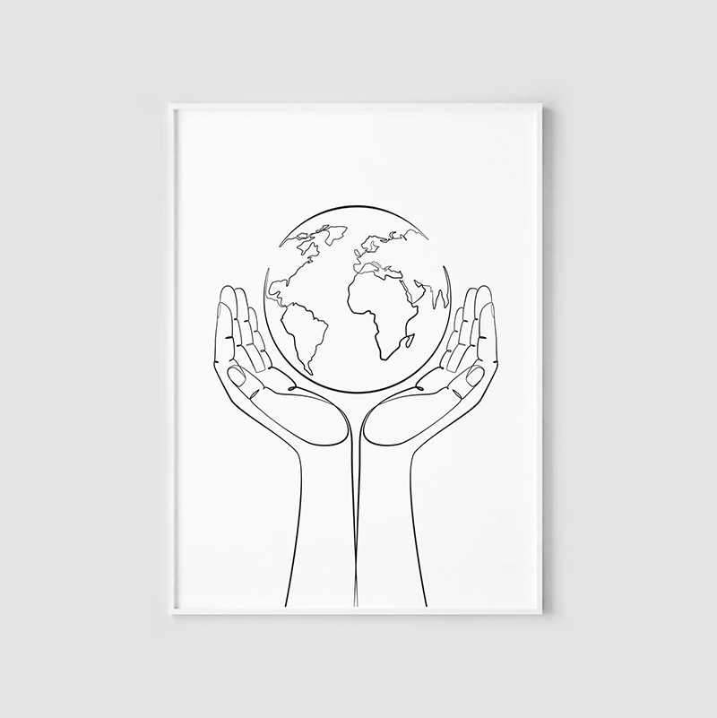 Мир в руках рисование по линии земли настенное искусство с печатью Карта мира