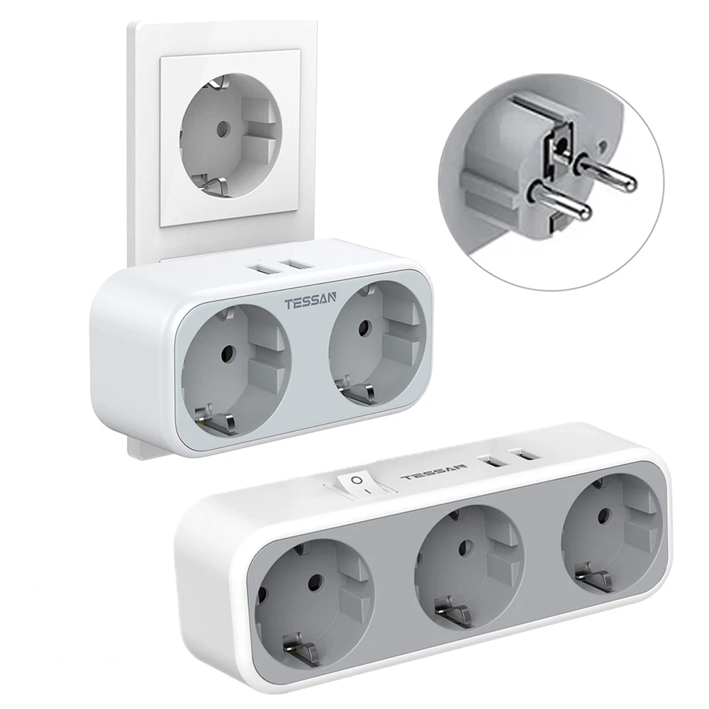 

TESSAN USB Socket 4-in-1 Multi Socket Adapter with 2 AC Outlets 2 USB Ports 5V/2.4A, Wall Socket 3600W with Overload Protection
