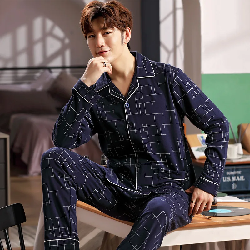 Новый весенний пижамный комплект из 2 предметов с длинным рукавом мужская хлопковая однотонная повседневная одежда для сна с отворотом Жен... от AliExpress RU&CIS NEW