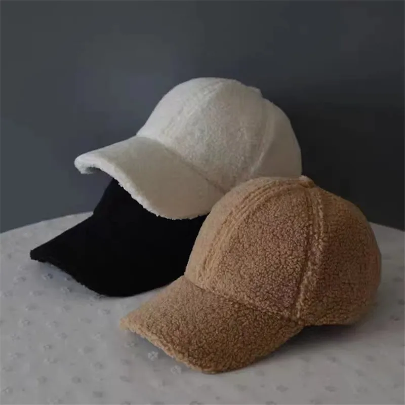 

2021 New Fashion Wool Baseball Cap Warm Thicken Winter Hat Men Women Hats Solid Color Lamb Fur Hats Wholesale Casquette Femme