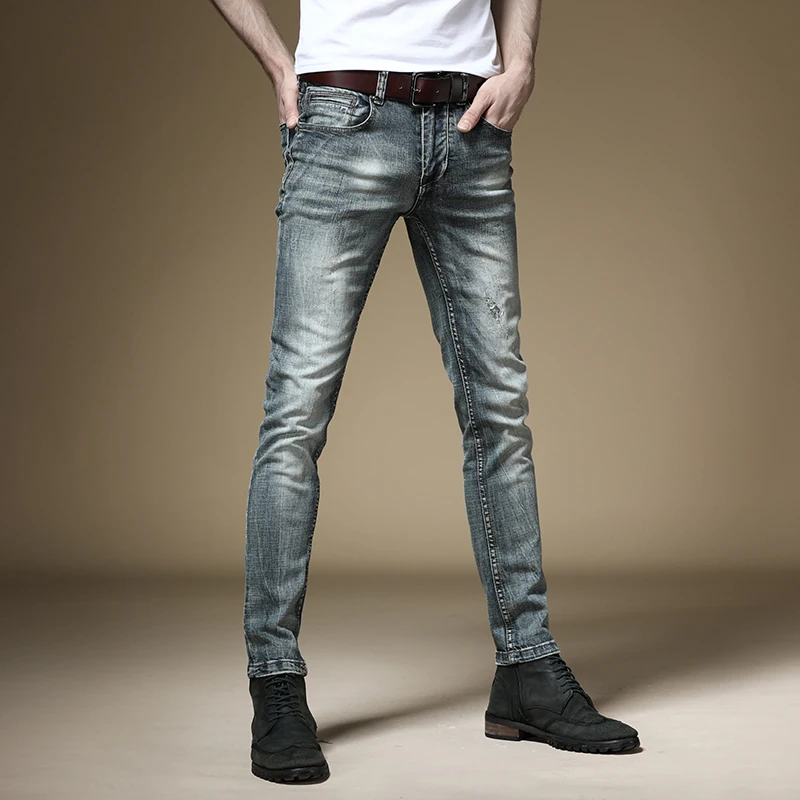 

Осенние мужские Модные джинсы, прямые облегающие брюки, уличная одежда в стиле ретро, синие эластичные джинсовые брюки