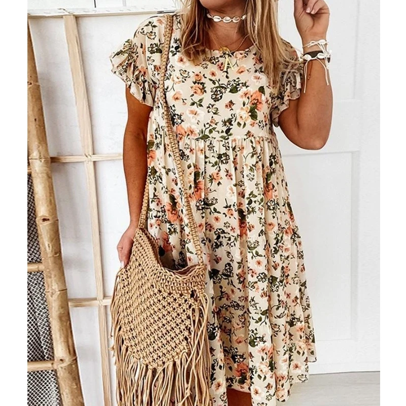 

Mandylandy Women's Casual Short Flare Sleeve O-Neck Stitching Ruffle Dress Summer Fashion Floral Print Loose Dress