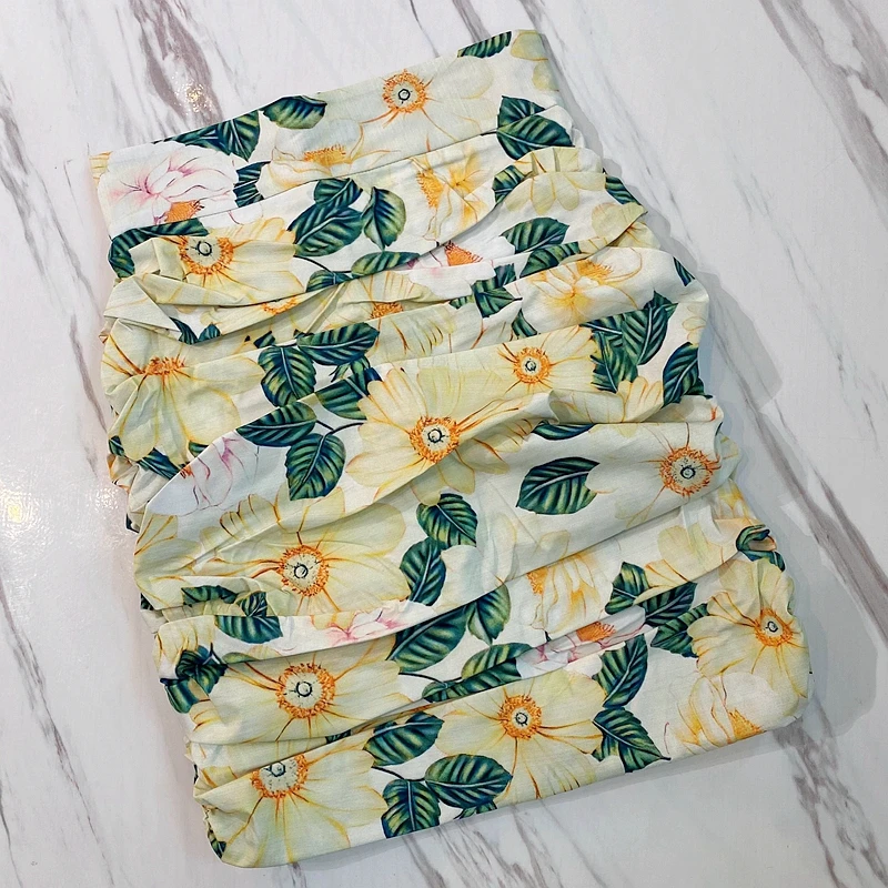 

Summer Elegant Draped Mini Skirts Womens 2021 Runway Designers Vintage Slim Pencil Mini Floral Printed Vetement Femme