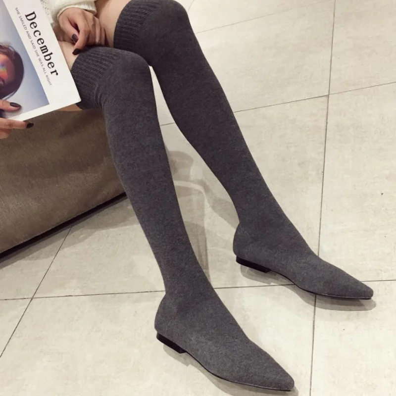 

HOKSZVY 2021 Winter Flat Boots Woman Shoes High Heels Sexy Socks Pointed Stretch Boots Solid Color Above The Knee Boots CWF