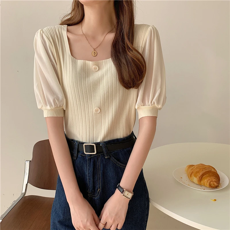 

Women Summer Short-sleeved T-shirt 2021 New Korean Fashion Square Neck Puff Sleeve Stitching Elastic Loose Top Women