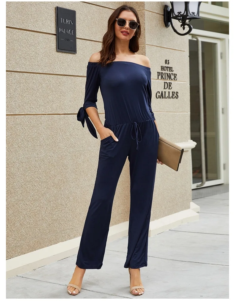 

HAOOHU 2021 spring women's jumpsuits fashion trends elegant solid long sleeve Off Shoulder loose stretch Ankle-Length jumpsuits