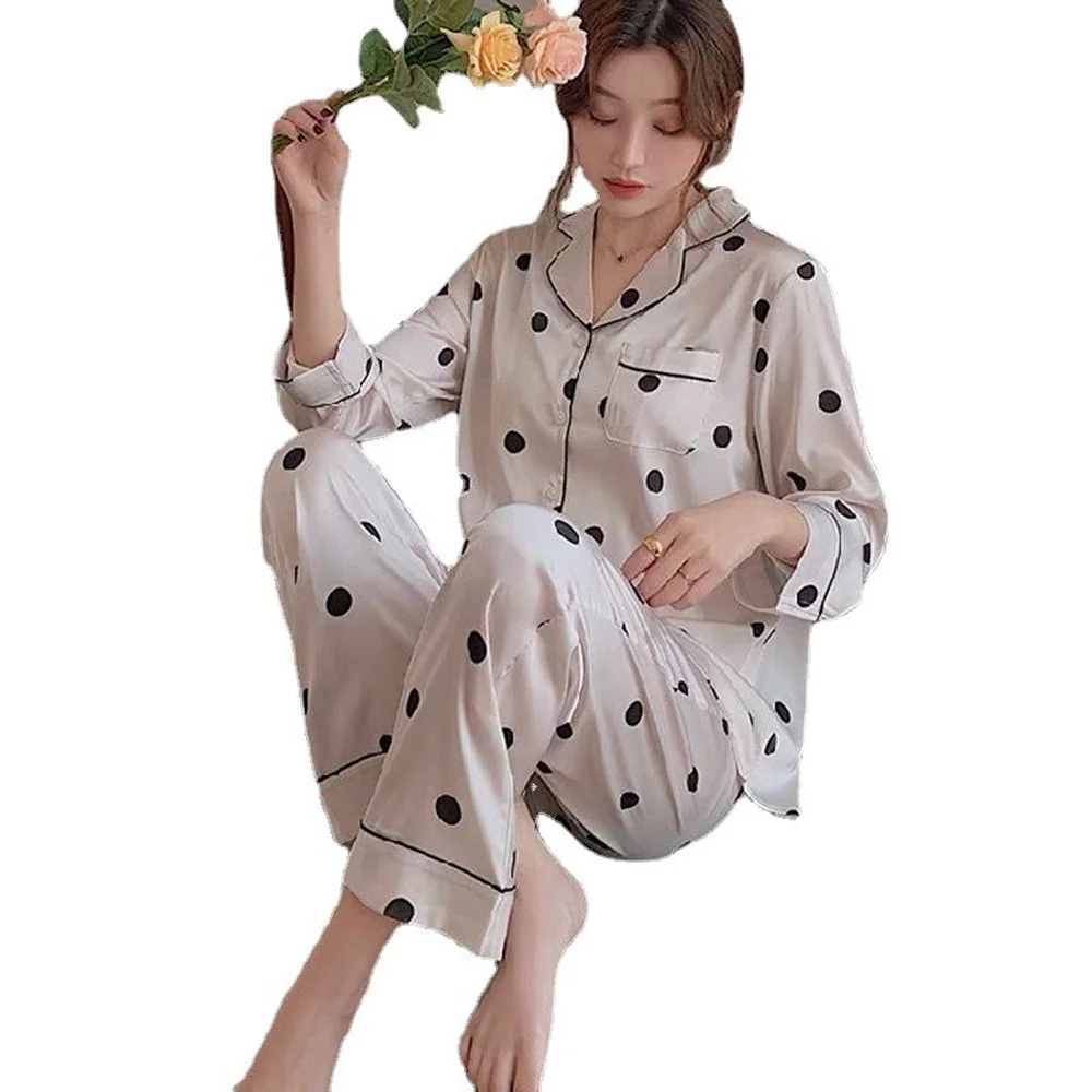 Ice Silk Pajamas for Women's High-end Cardigan Long-sleeved Trousers Hot Style Suit Home Service Top Quality Women's Pajamas Set