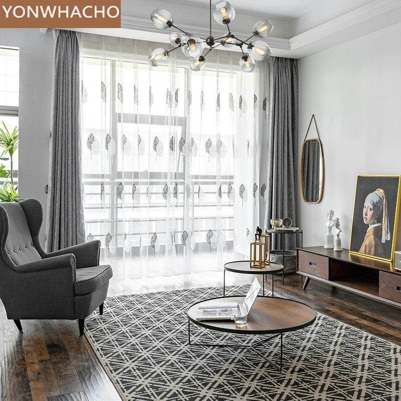 

Custom curtains Nordic simple modern light luxury chenille high-end bay window grey cloth blackout curtain tulle drapes B507