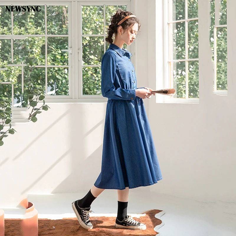 NEWSYNC Denim Dress Summer Spring Plus Over Size 2020 New Office lady Blue color Collect Waist Long Sleeve Female Party | Женская одежда