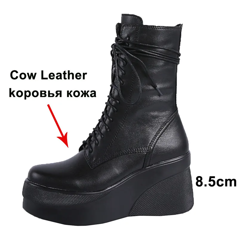 Meotina Winter Ankle Boots Women Natural Genuine Leather Platform Wedge High Heel Short Zip Round Toe Shoes Ladies Fall 39 | Обувь
