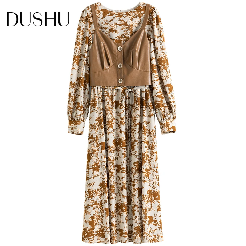 

DUSHU Two piece floral print women dress suit Spring pu leather vintage long dress Female elegant boho plus size shirt dress