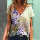 Женская футболка с коротким рукавом, V-образным вырезом и цветочным принтом, большие размеры, лето, S-5xl