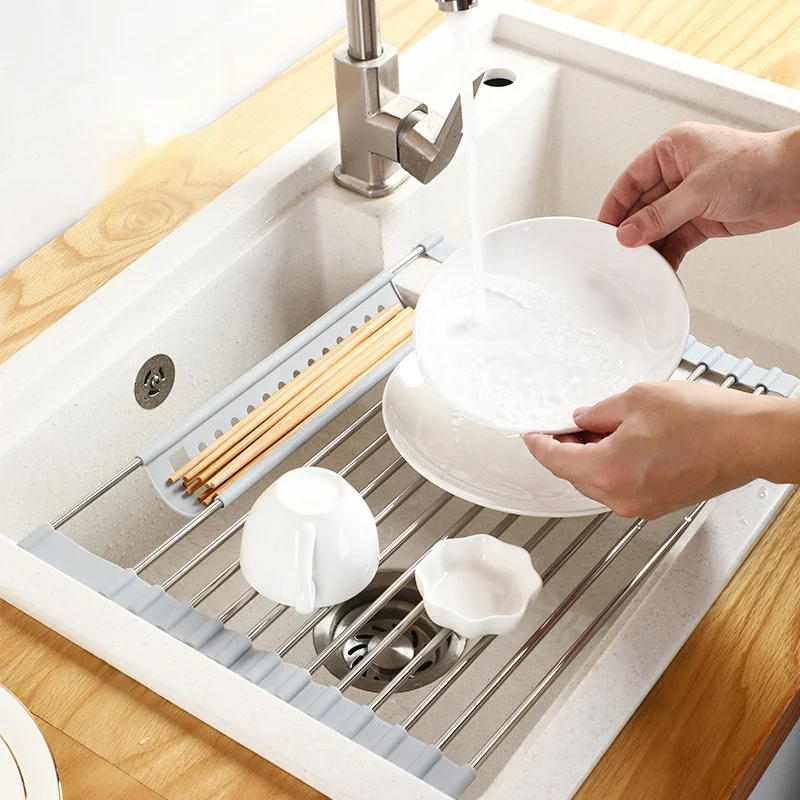 

Sink Cutlery Rack Fruit and Vegetable Drain Rack Folding Silicone Stainless Steel Storage Rack Dish Drain Rack
