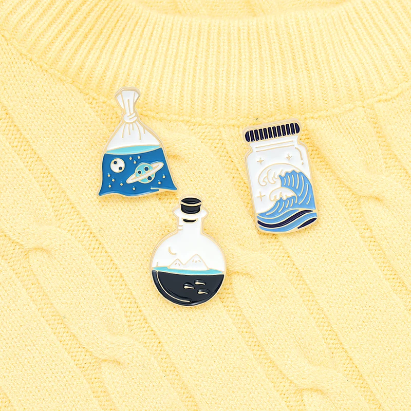 

Ocean Sea Wave Brooches Drift Bottle Plastic Bag Enamel Pins for Backpacks Lapel Pin Cartoon Anime Badges Jewelry Gift 2021