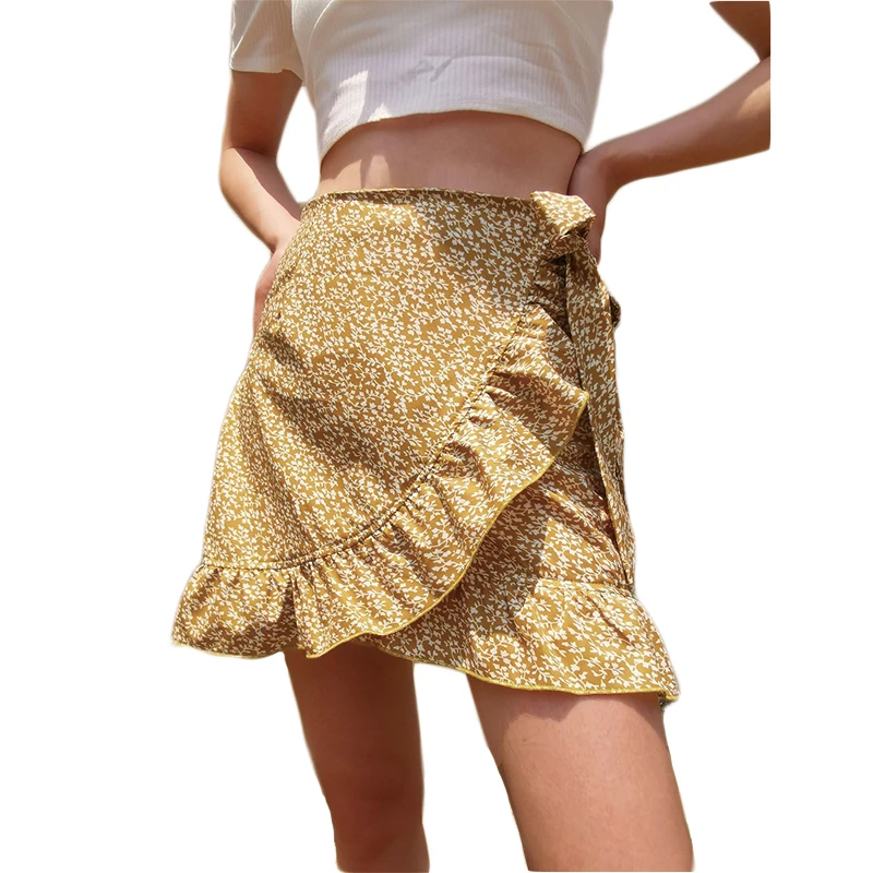 

Qrwr Summer Female Skirts 2021 New Korean High Waist Fashion Print Mini Skirt Women Sexy Cute Lace Up Ruffles Short Skirts