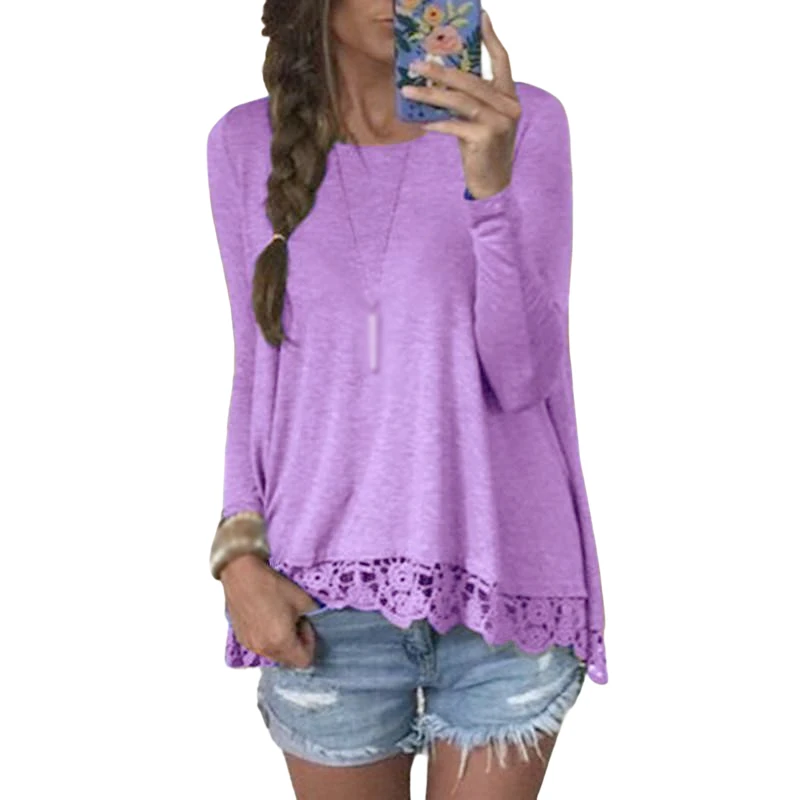 

Женские повседневные футболки с длинным рукавом, кружевная футболка с круглым вырезом, свободные пуловеры, однотонная Базовая рубашка LOKIUJ1