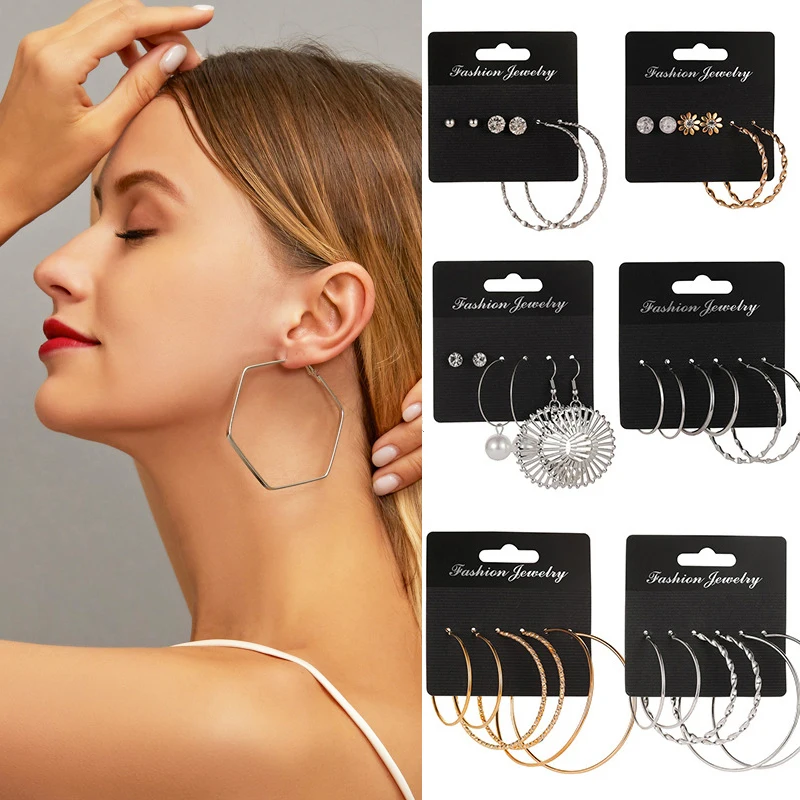

Exaggeration Hoop Earrings Set Geometric Stud Earring for Women Boho Large Heart Dangle Earings Jewelry Sets Accessories Gifts