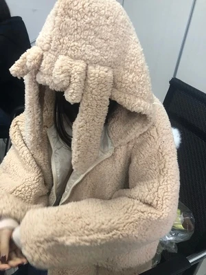 

Elegant Kawaii Lovely Faux Fur Hoodie Women Autumn Warm Soft Plush Coat Cute Rabbit Ears Lolita Batwing Sleeve Sweatshirt M3091