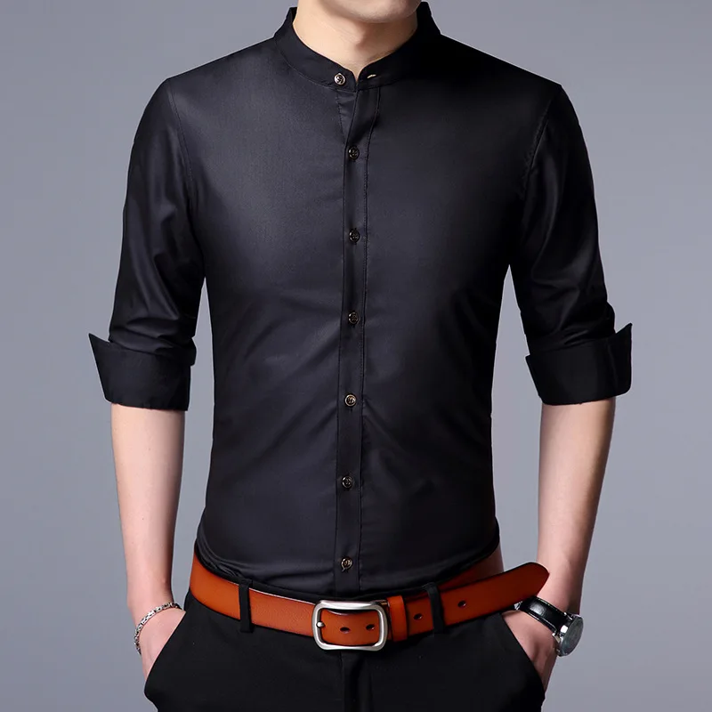 

2017 spring new men's long-sleeved shirt casual Korean Slim type collar collar solid color shirt young man